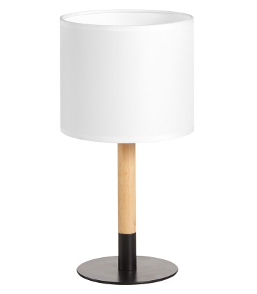 Lámpara de mesa Noelia Negro + Madera con pantalla cilíndrica blanca y base metálica