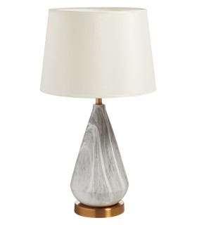 Lámpara Mica Medalla Rojizo con base efecto mármol, pantalla textil crema y acabado rojizo elegante