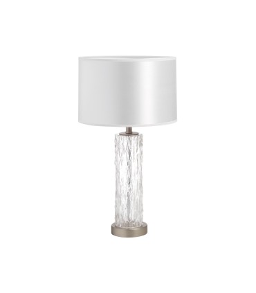 Lámpara Clara Cromo Mate con base cilíndrica de cristal efecto burbuja y pantalla blanca